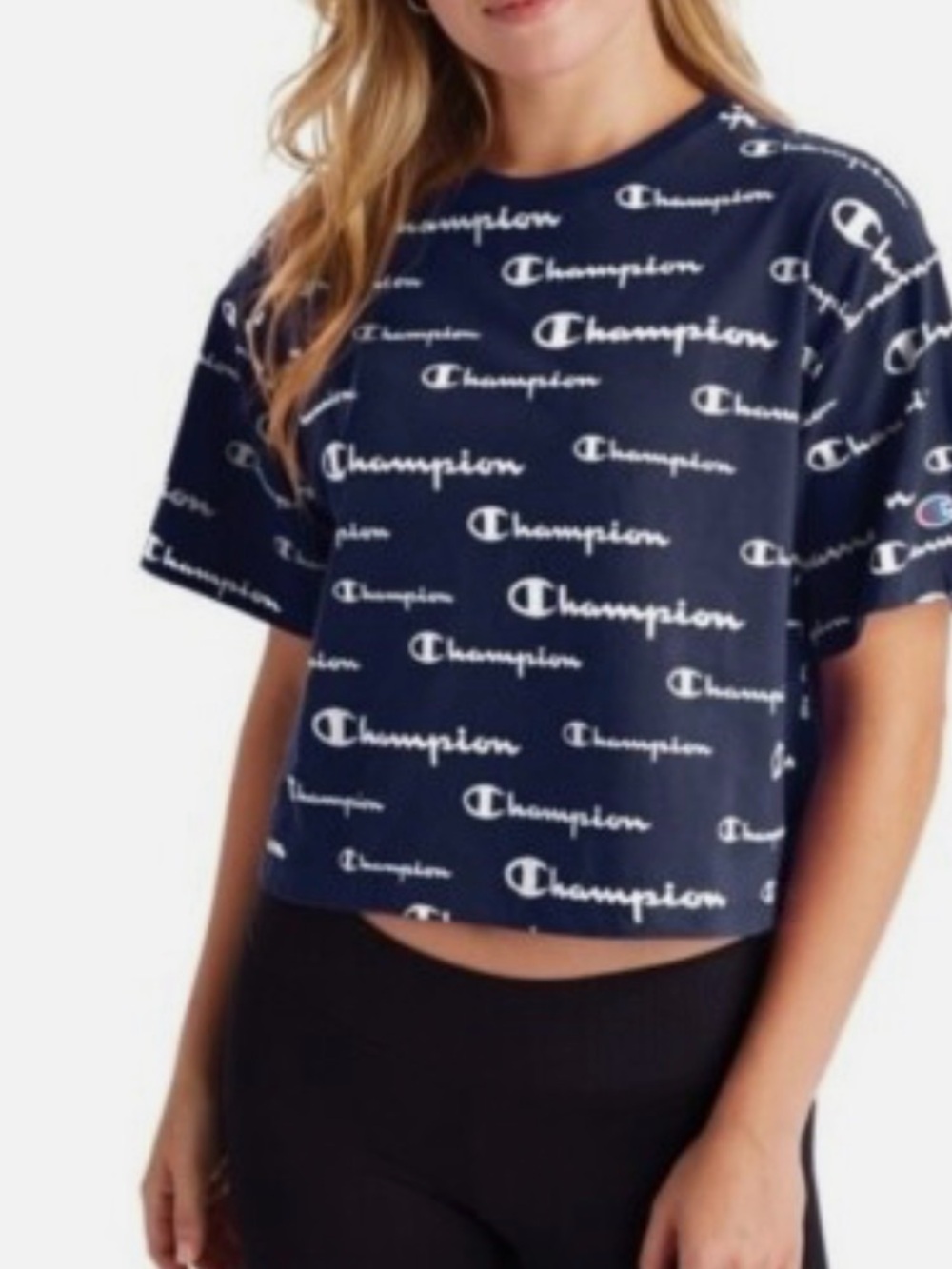 Champion Navy Allover Logo Crop Tee